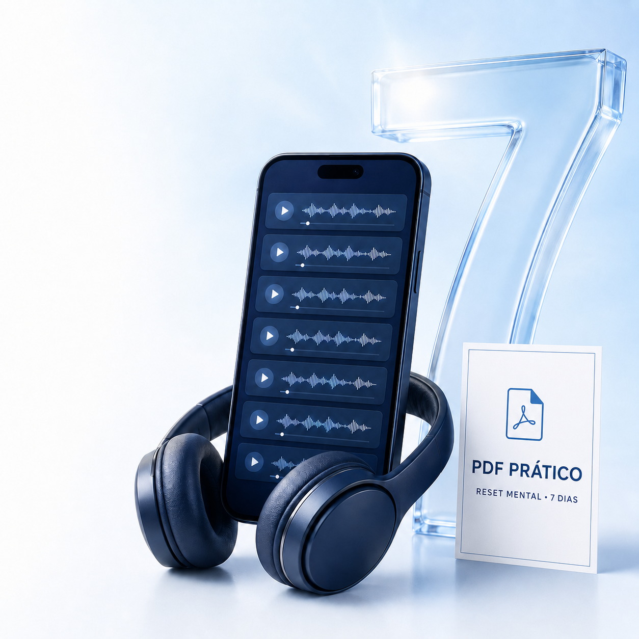 Reset Mental 7 Dias com celular, sete áudios, fones e PDF prático